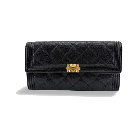 Chanel Boy Flap Quilted Caviar, Black, Leather, Wallet