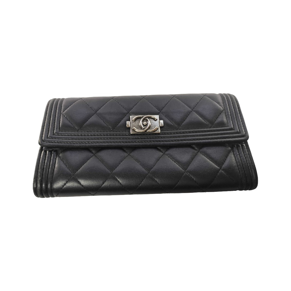 Chanel Boy Flap Quilted Lambskin, Black, Leather, Wallet