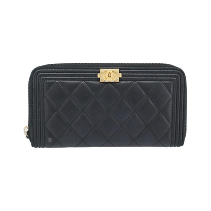 Chanel Boy Zip Around Organizer Quilted Lambskin, Black, Leather, Wallet