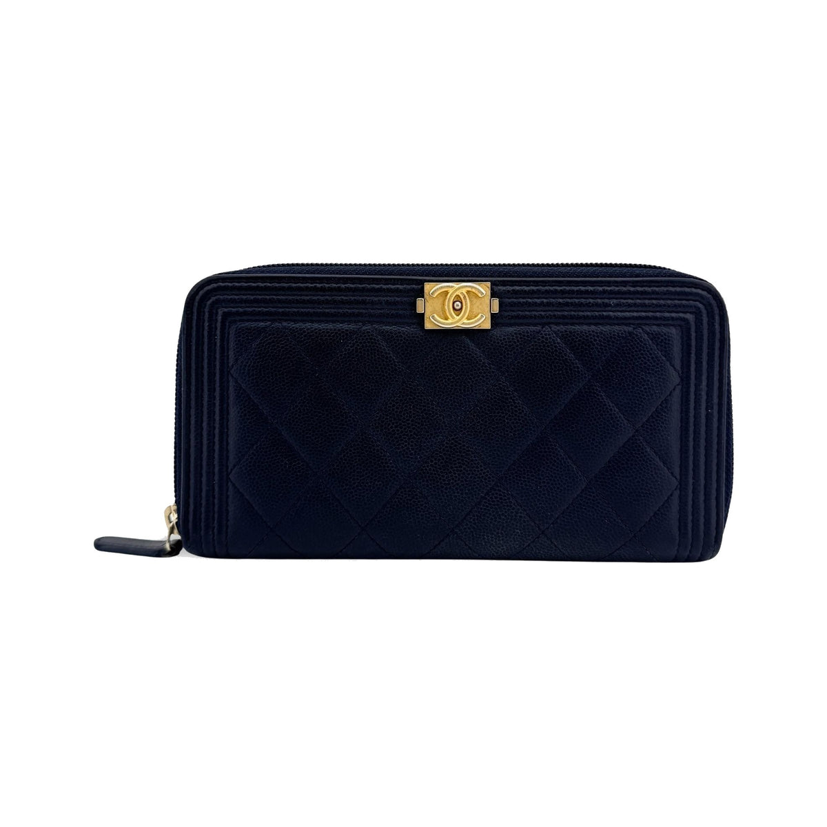 Chanel Boy Zip Around Quilted Caviar, Black, Leather, Wallet