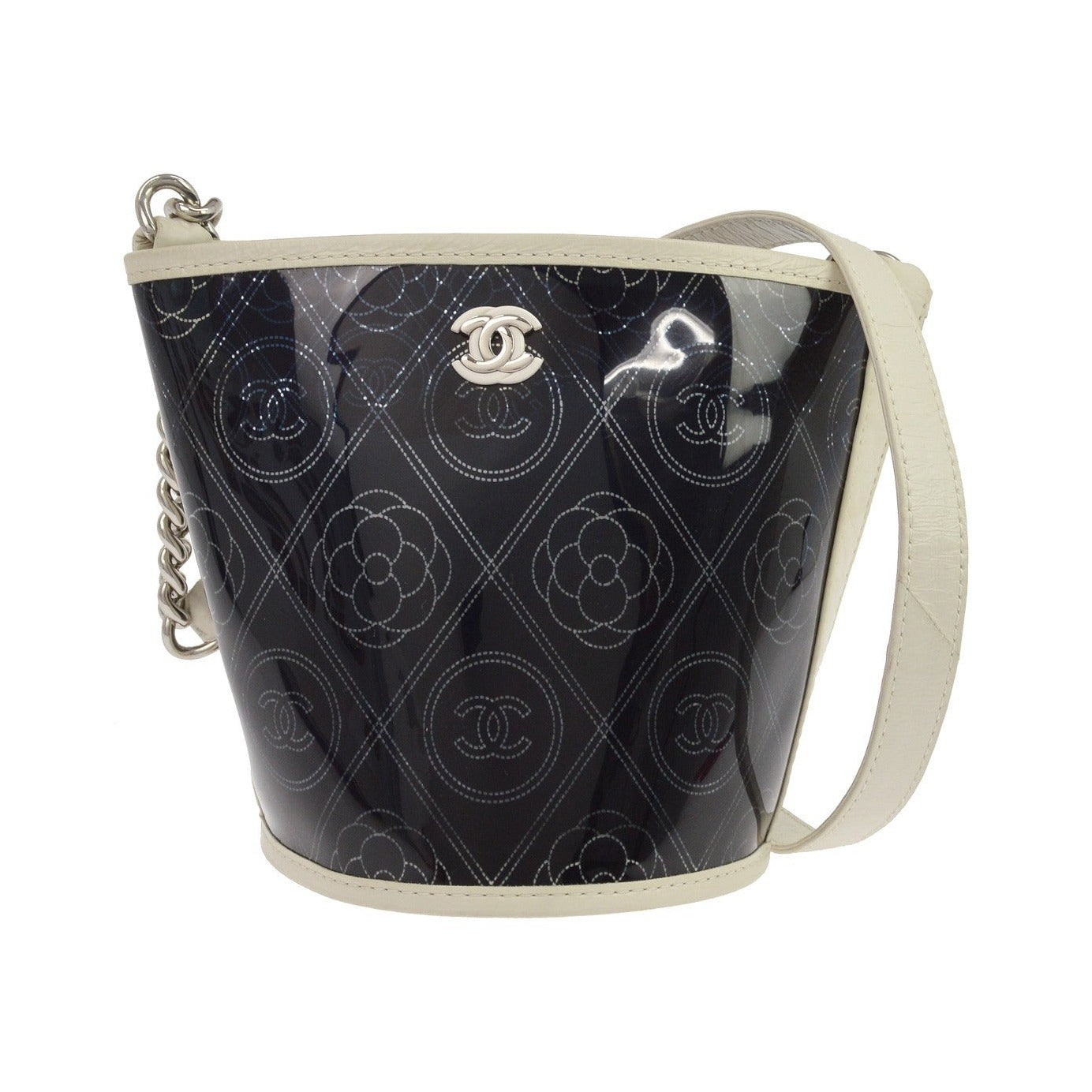 Chanel Camellia Coco Bucket Printed PVC, Black, Leather, Shoulder Bag