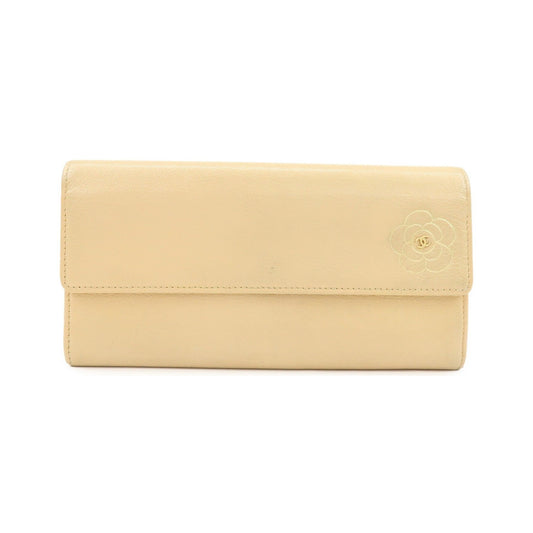 Chanel Camellia Flap Leather, Beige, Calfskin, Wallet