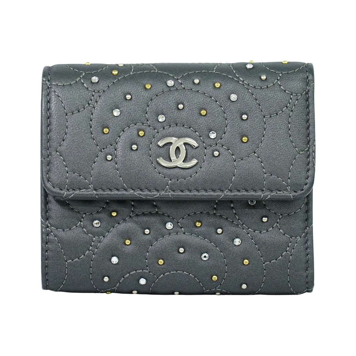 Chanel Camellia Flap Studded Camellia Lambskin, Gray, Leather, Wallet