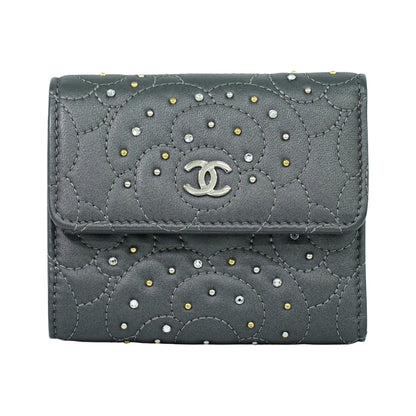 Chanel Camellia Flap Studded Camellia Lambskin, Gray, Leather, Wallet