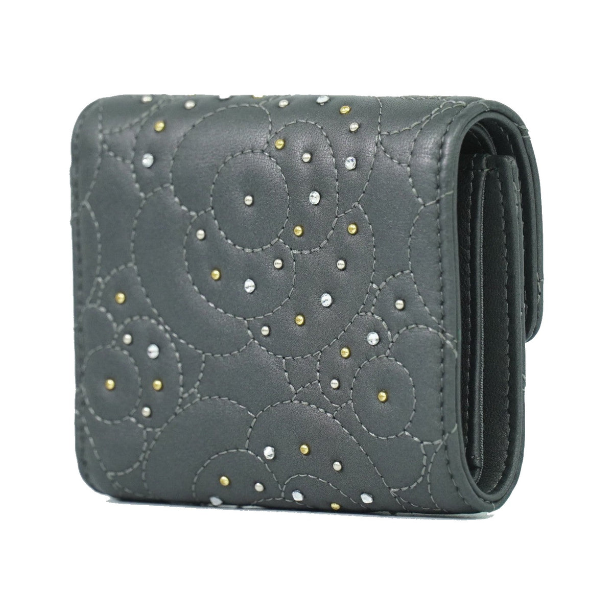 Chanel Camellia Flap Studded Camellia Lambskin, Gray, Leather, Wallet
