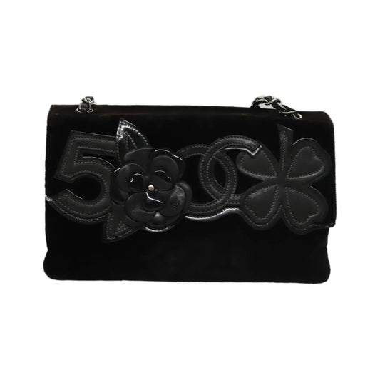 Chanel Camellia No.5 Chain Flap Velvet, Black, Velvet, Shoulder Bag
