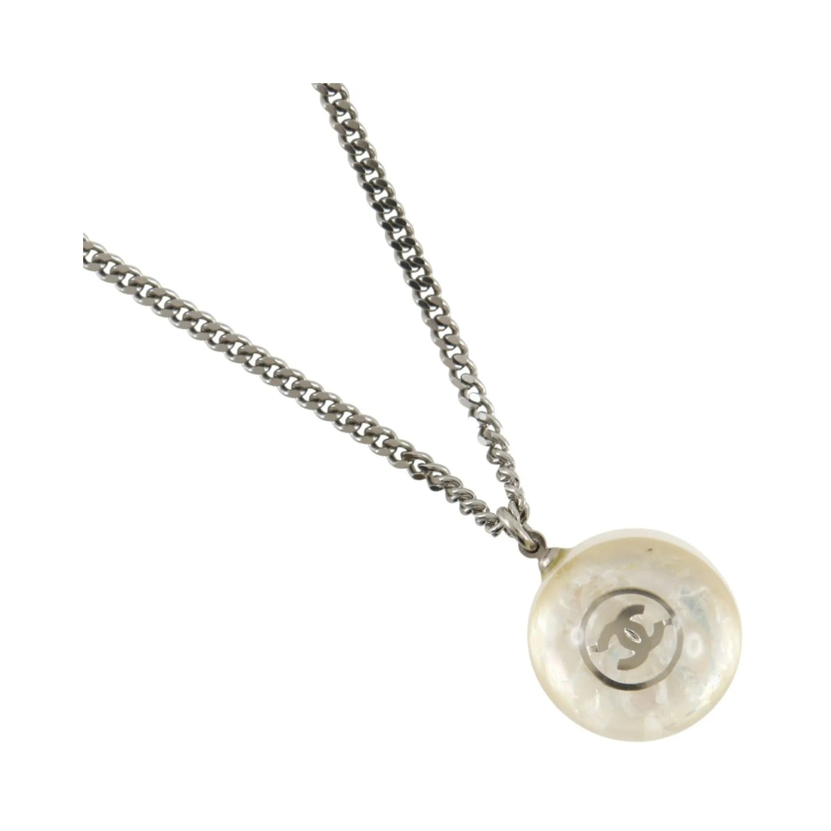 Chanel CC Ball Drop Pendant Metal, Silver, Metal, Necklace