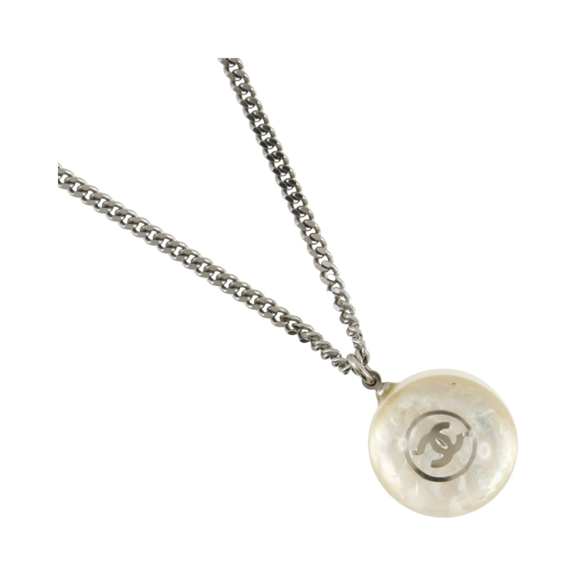 Chanel CC Ball Drop Pendant Metal, Silver, Metal, Necklace