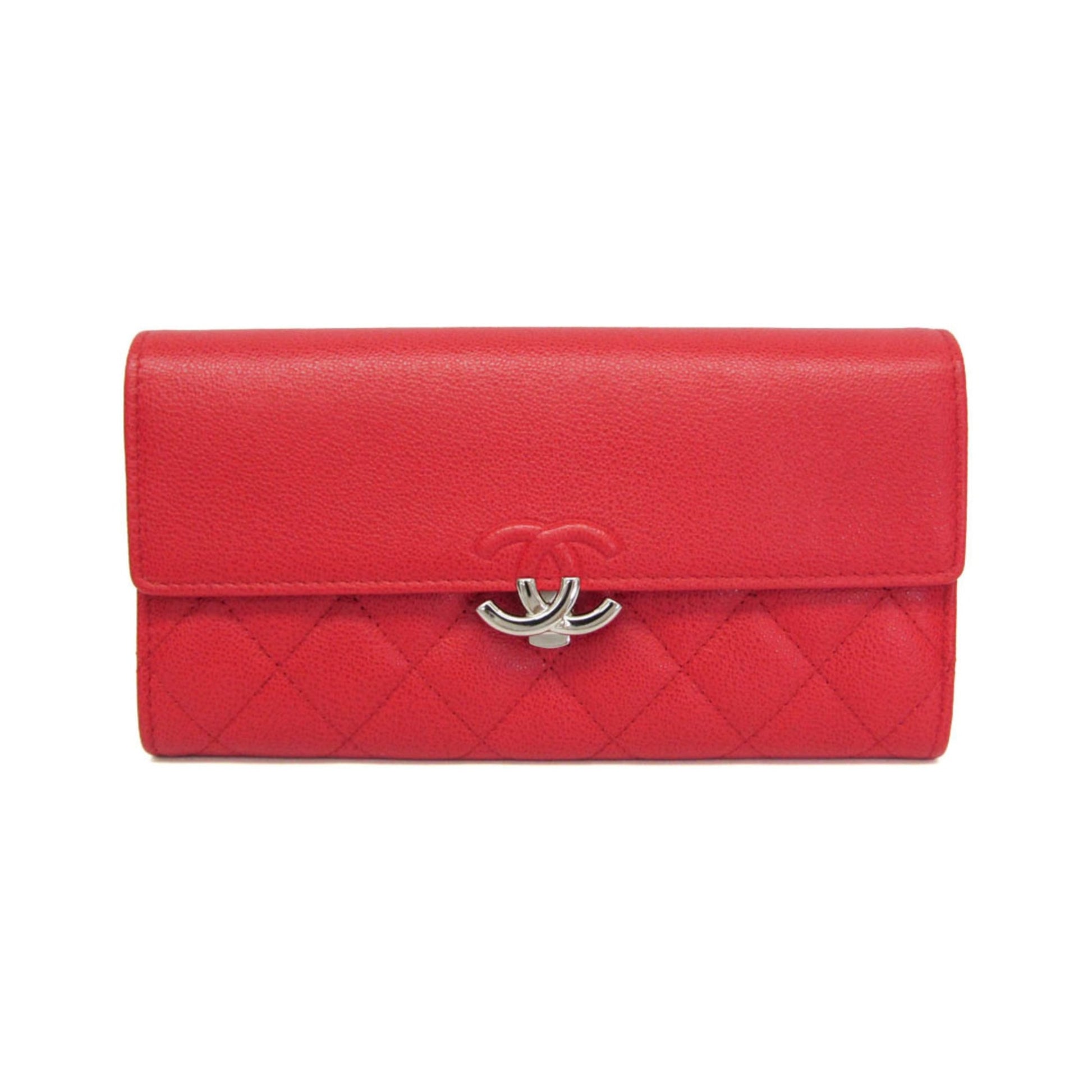 Chanel CC Box Gusset Flap Quilted Calfskin, Red, Leather, Wallet