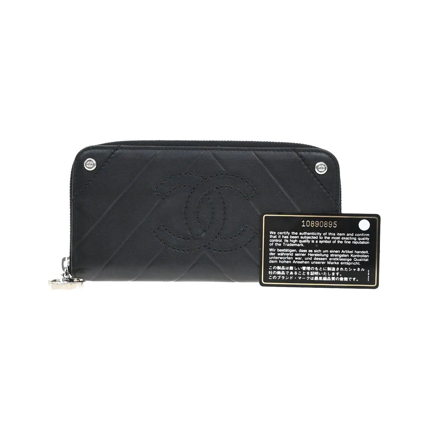 Chanel CC Charm Zip Around Quilted Lambskin, Black, Leather, Wallet