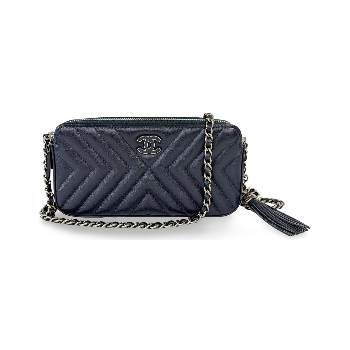 Chanel CC Double Zip Clutch with Chain Chevron Lambskin, Navy, Leather, Clutch