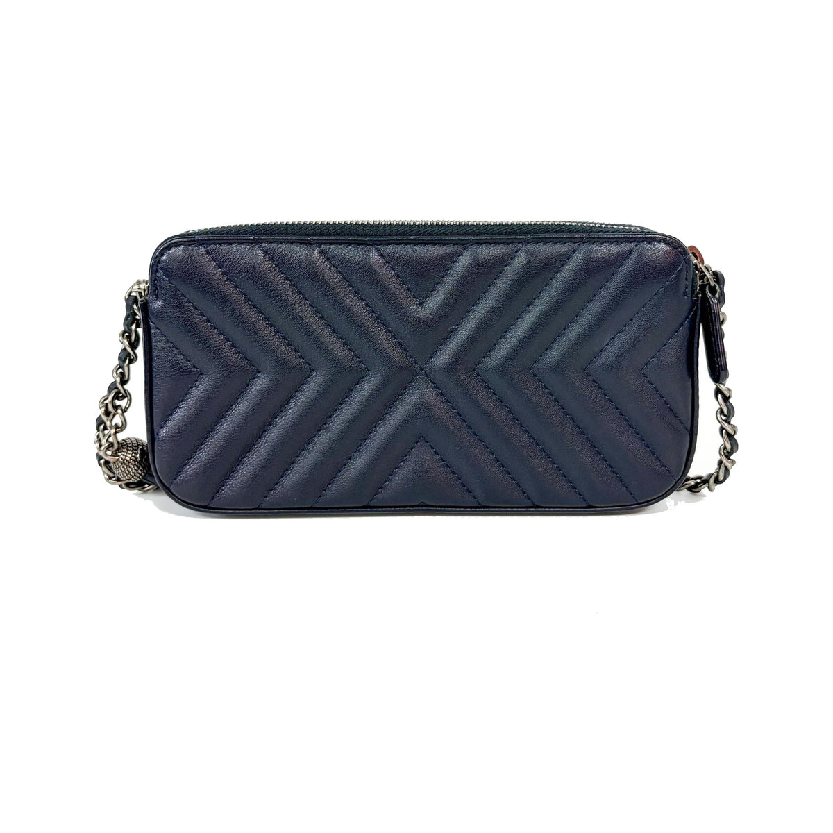 Chanel CC Double Zip Clutch with Chain Chevron Lambskin, Navy, Leather, Clutch