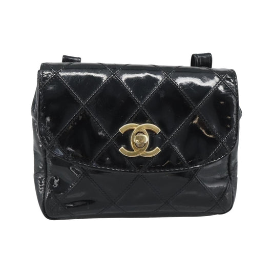 Chanel CC Flap Belt Quilted Lambskin, Black, Patent Leather, Clutch