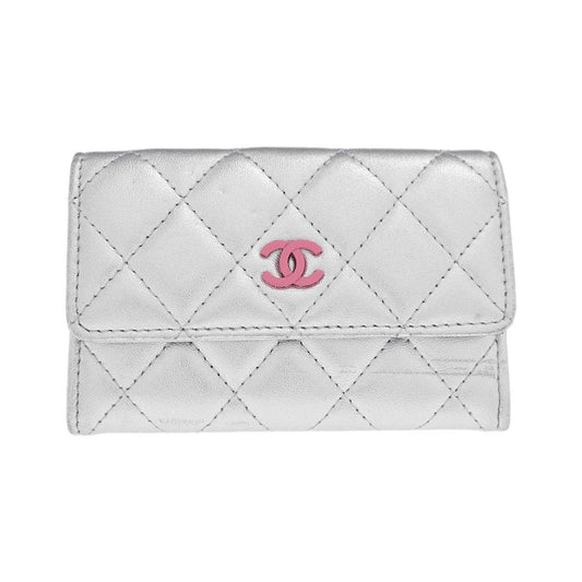 Chanel CC Flap Card Case Quilted Lambskin, Silver, Leather, Card Holder
