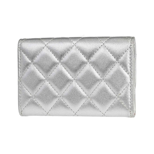 Chanel CC Flap Card Case Quilted Lambskin, Silver, Leather, Card Holder