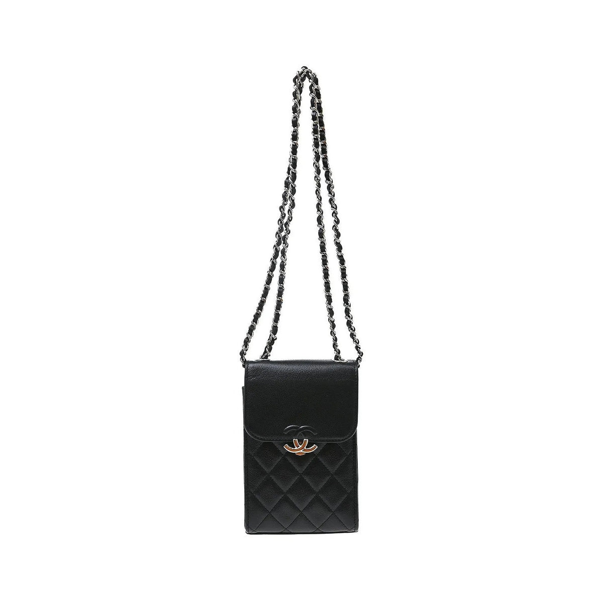 Chanel CC Flap Phone Holder Quilted Caviar, Black, Leather, Shoulder Bag