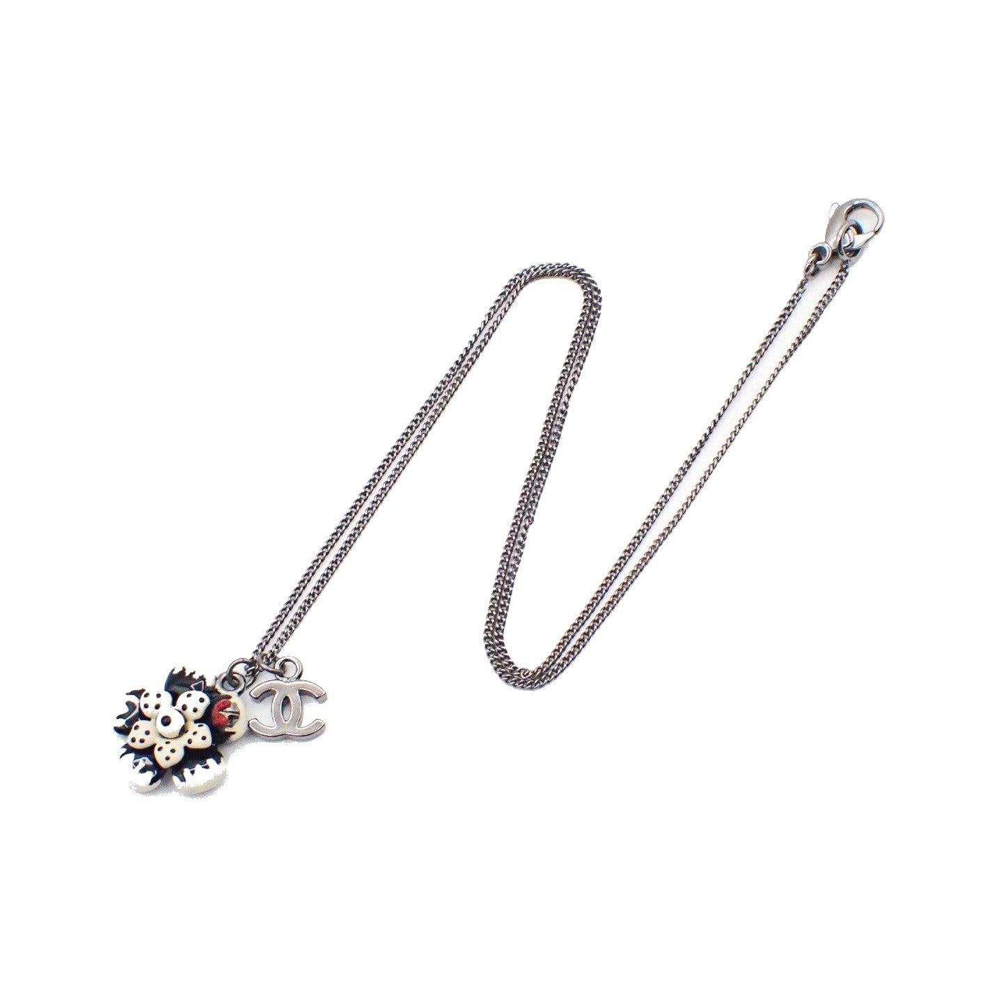 Chanel CC Flower Ladybug Silver Plated and Acrylic, Silver, Metal, Necklace