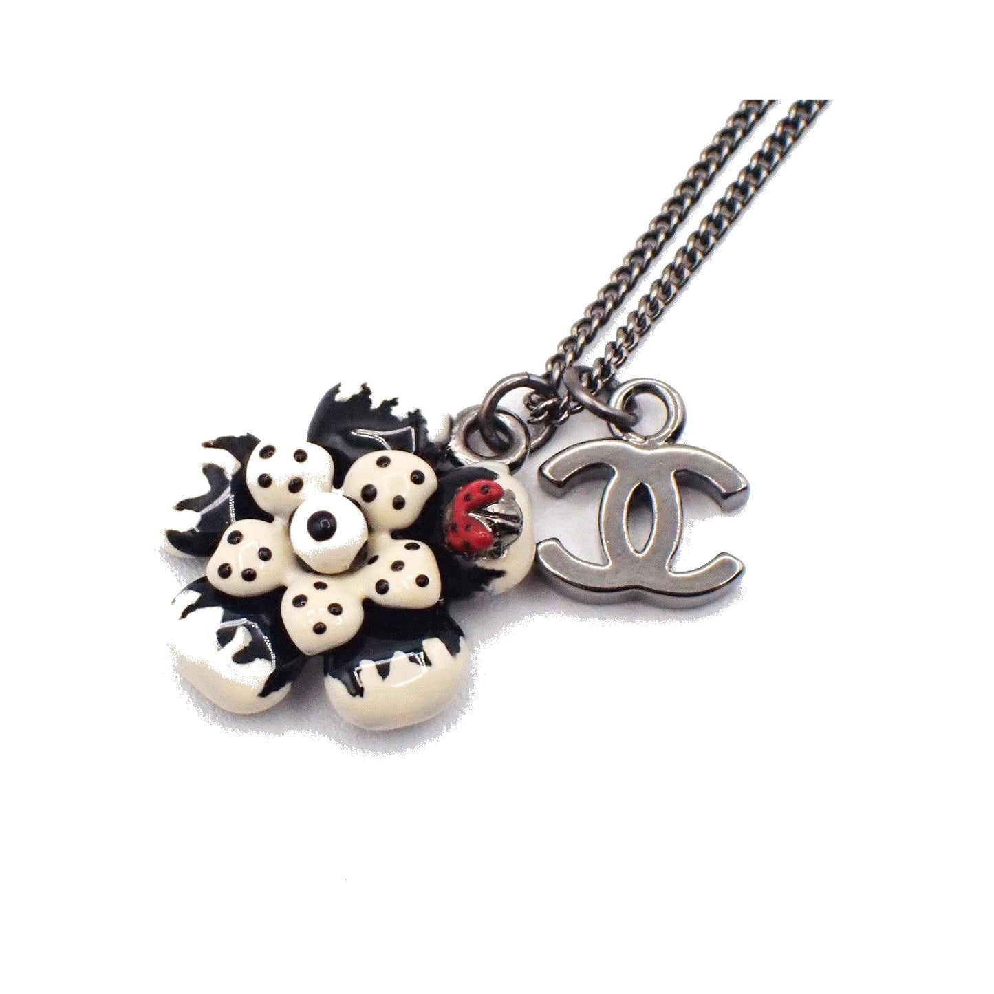 Chanel CC Flower Ladybug Silver Plated and Acrylic, Silver, Metal, Necklace