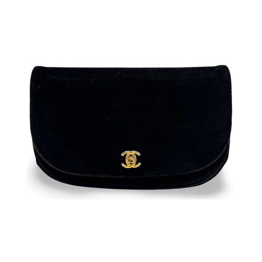 Chanel CC Half Moon Clutch Quilted Velvet, Black, Velvet, Clutch