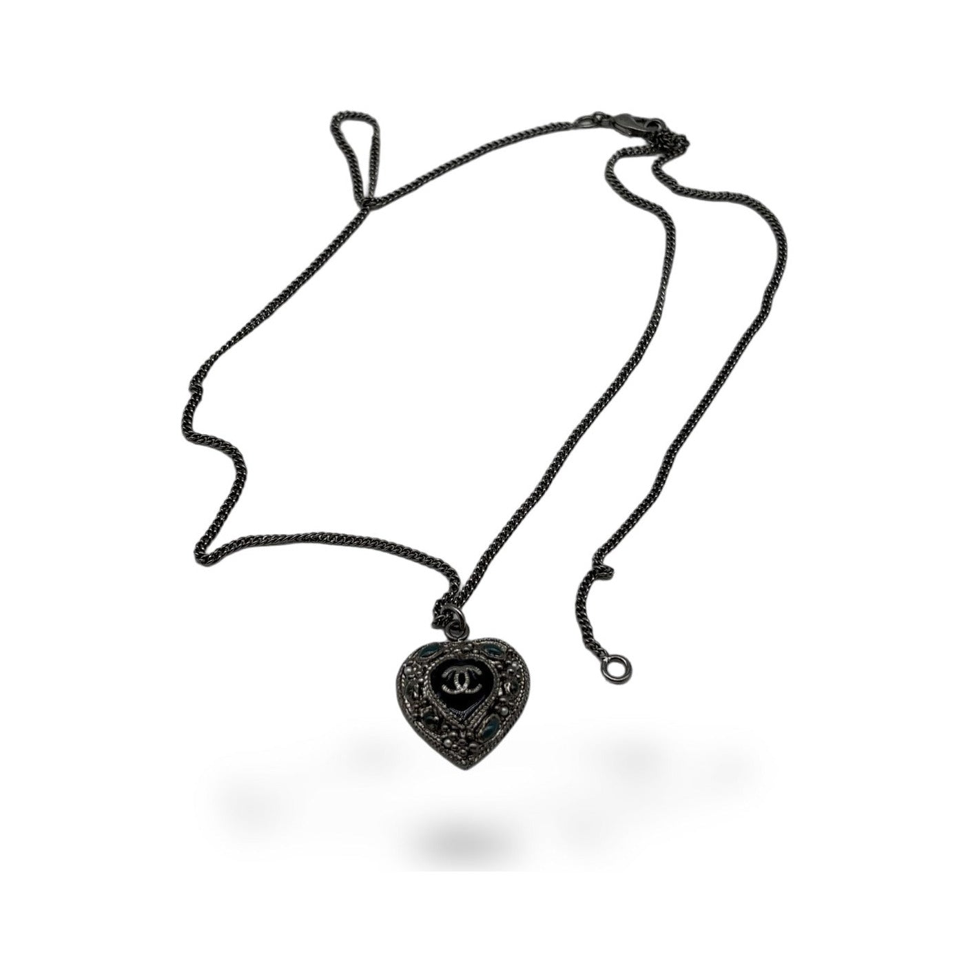 Chanel CC Heart Pendant Metal and Crystal Embellished Resin, Silver, Silver, Necklace