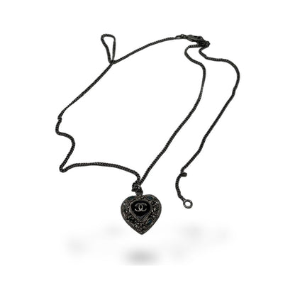 Chanel CC Heart Pendant Metal and Crystal Embellished Resin, Silver, Silver, Necklace