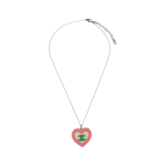 Chanel CC Heart Pendant Metal and Enamel, Silver, Silver Plated, Necklace