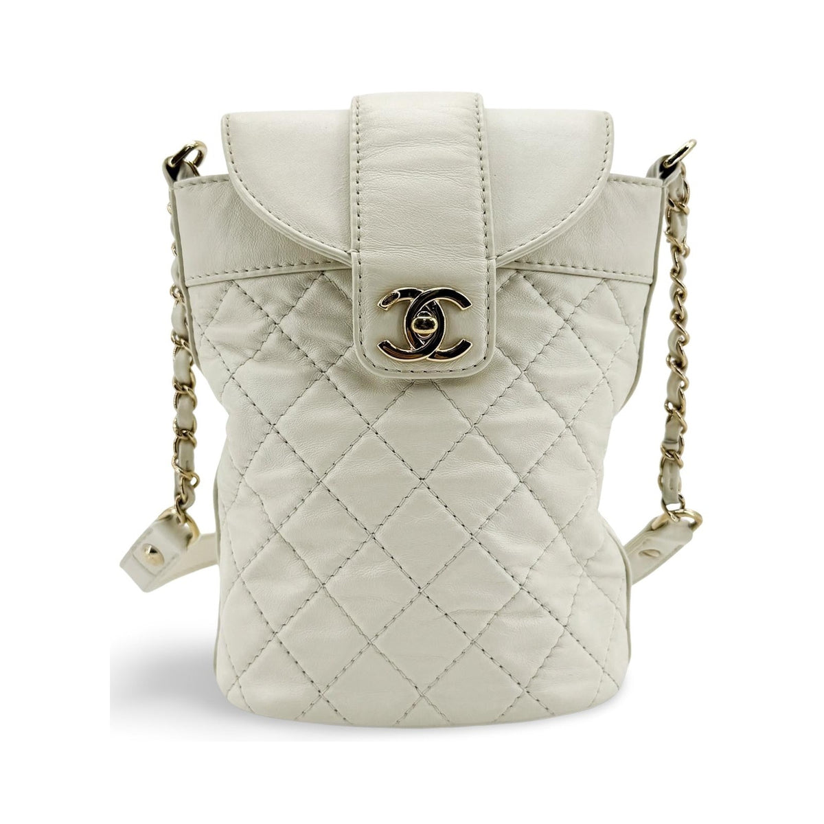 Chanel CC Lock Flap Bucket Quilted Lambskin, White, Leather, Shoulder Bag