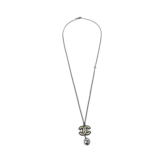 Chanel CC Pearl Drop Metal with Pearls, Black, Metal, Necklace