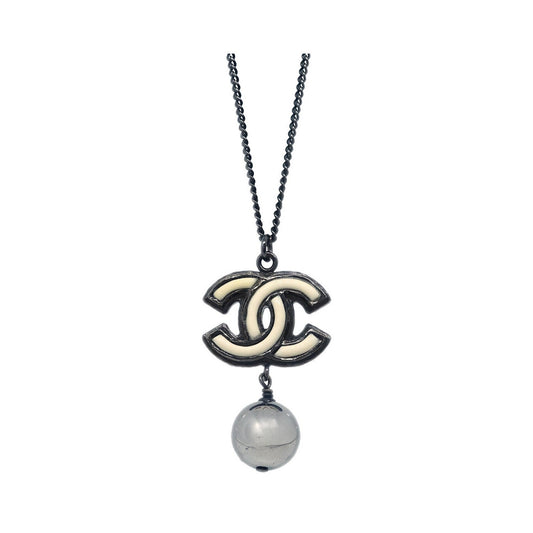 Chanel CC Pearl Drop Metal with Pearls, Black, Metal, Necklace