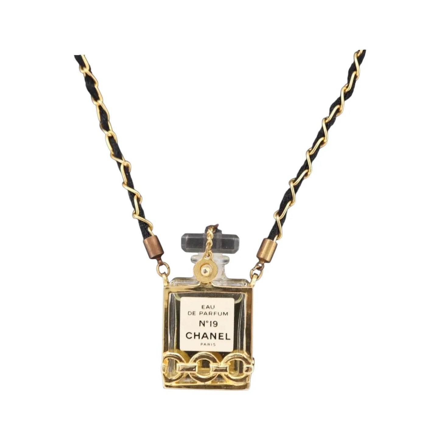 "Chanel CC Perfume Bottle Pendant Chain Long Metal with Leather, Crystals and Faux Pearl", Gold, Metal, Necklace
