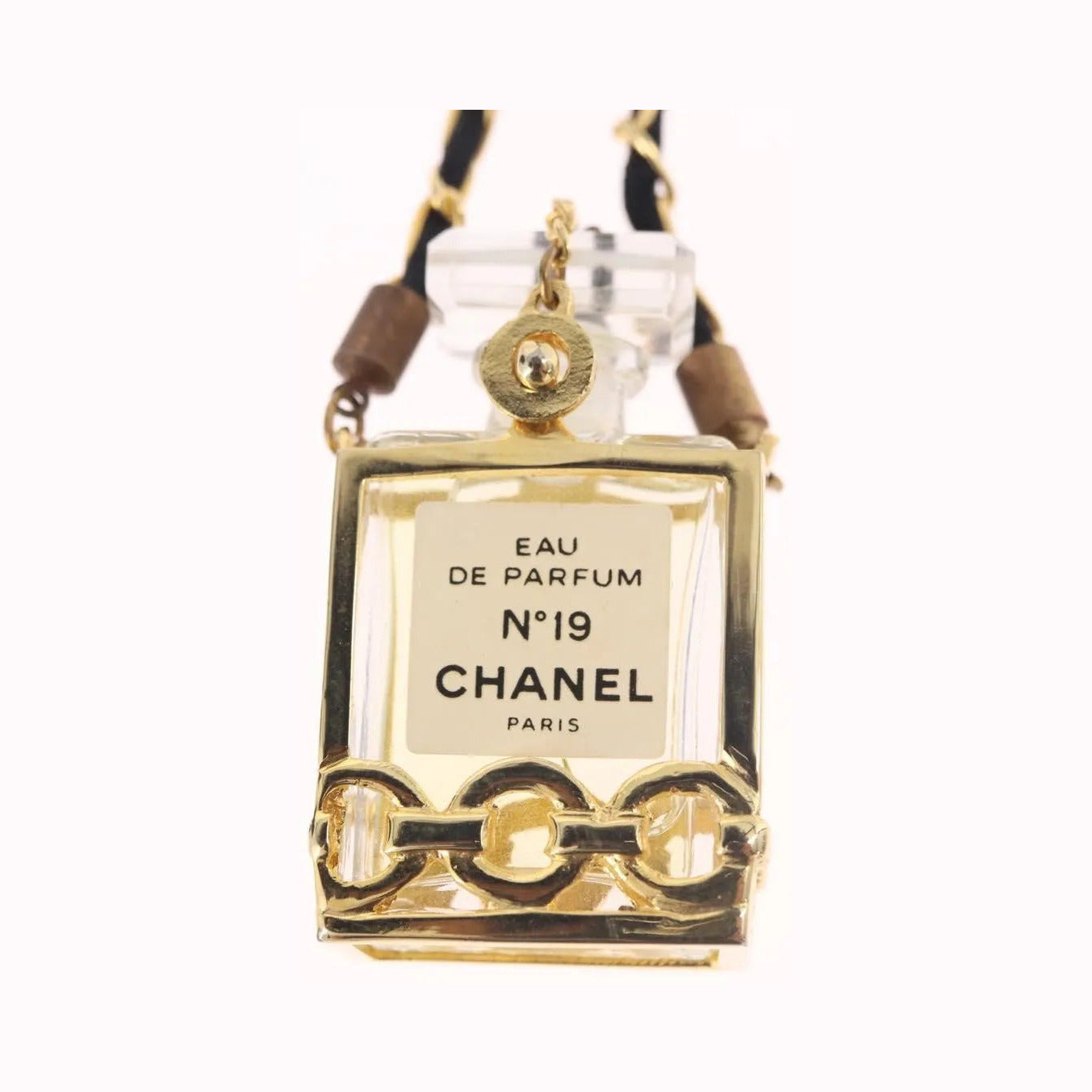 "Chanel CC Perfume Bottle Pendant Chain Long Metal with Leather, Crystals and Faux Pearl", Gold, Metal, Necklace