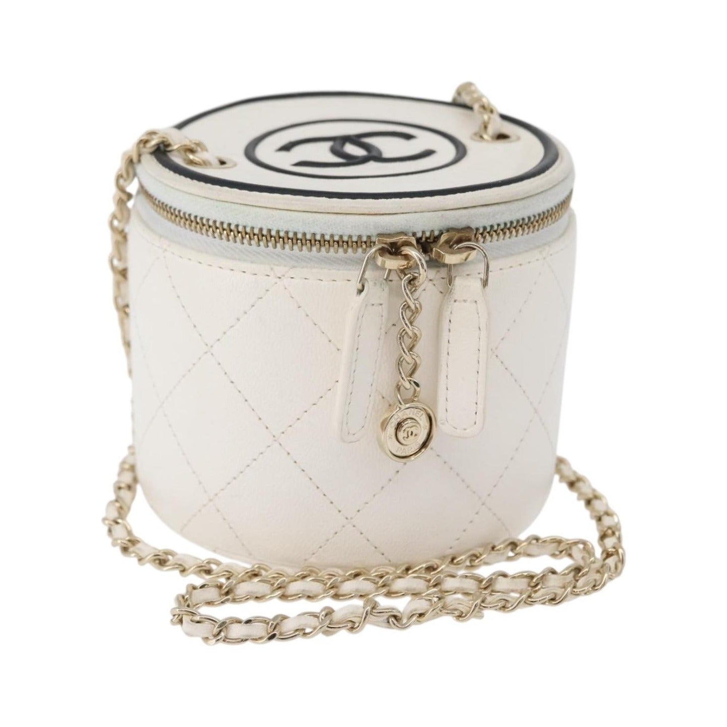 Chanel CC Round Vanity Case with Chain Quilted Lambskin, White, Leather, Clutch