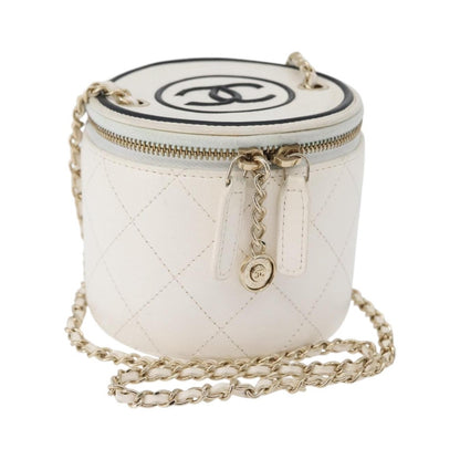 Chanel CC Round Vanity Case with Chain Quilted Lambskin, White, Leather, Clutch