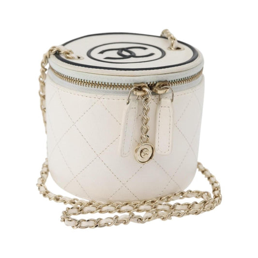 Chanel CC Round Vanity Case with Chain Quilted Lambskin, White, Leather, Clutch