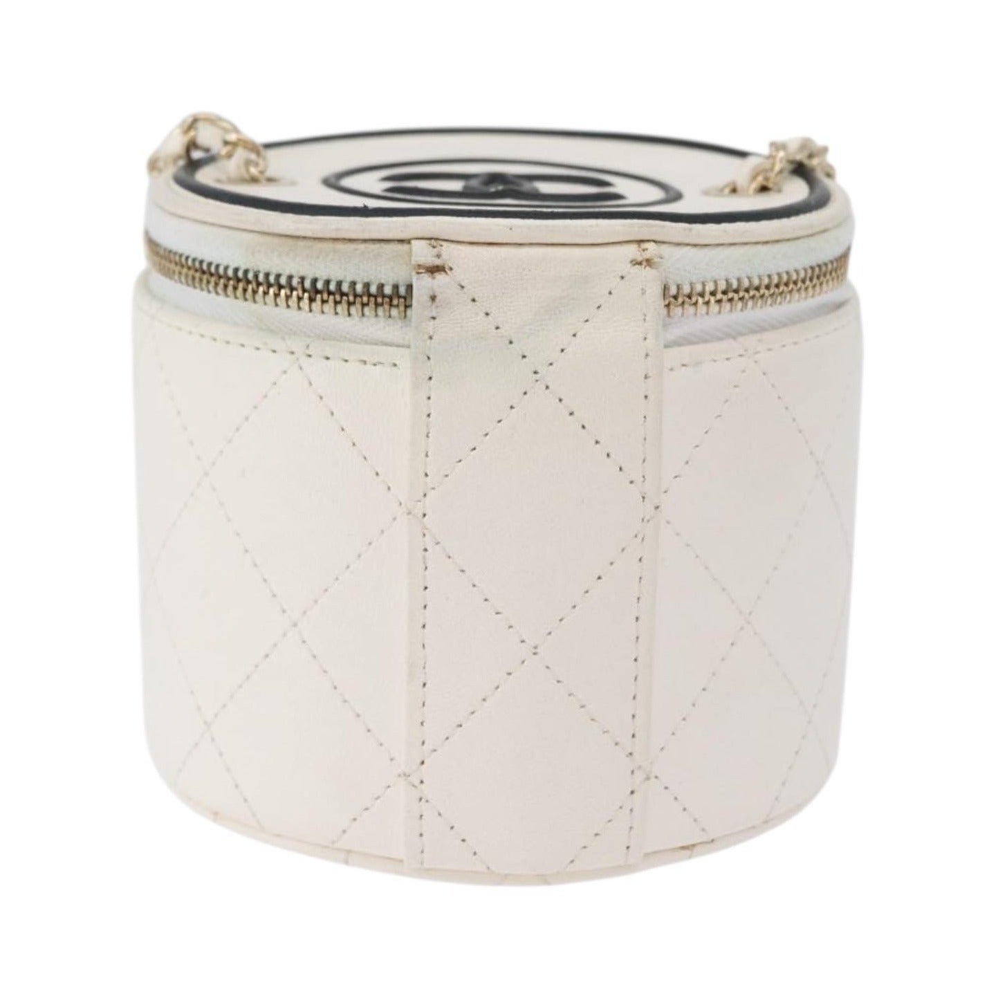 Chanel CC Round Vanity Case with Chain Quilted Lambskin, White, Leather, Clutch