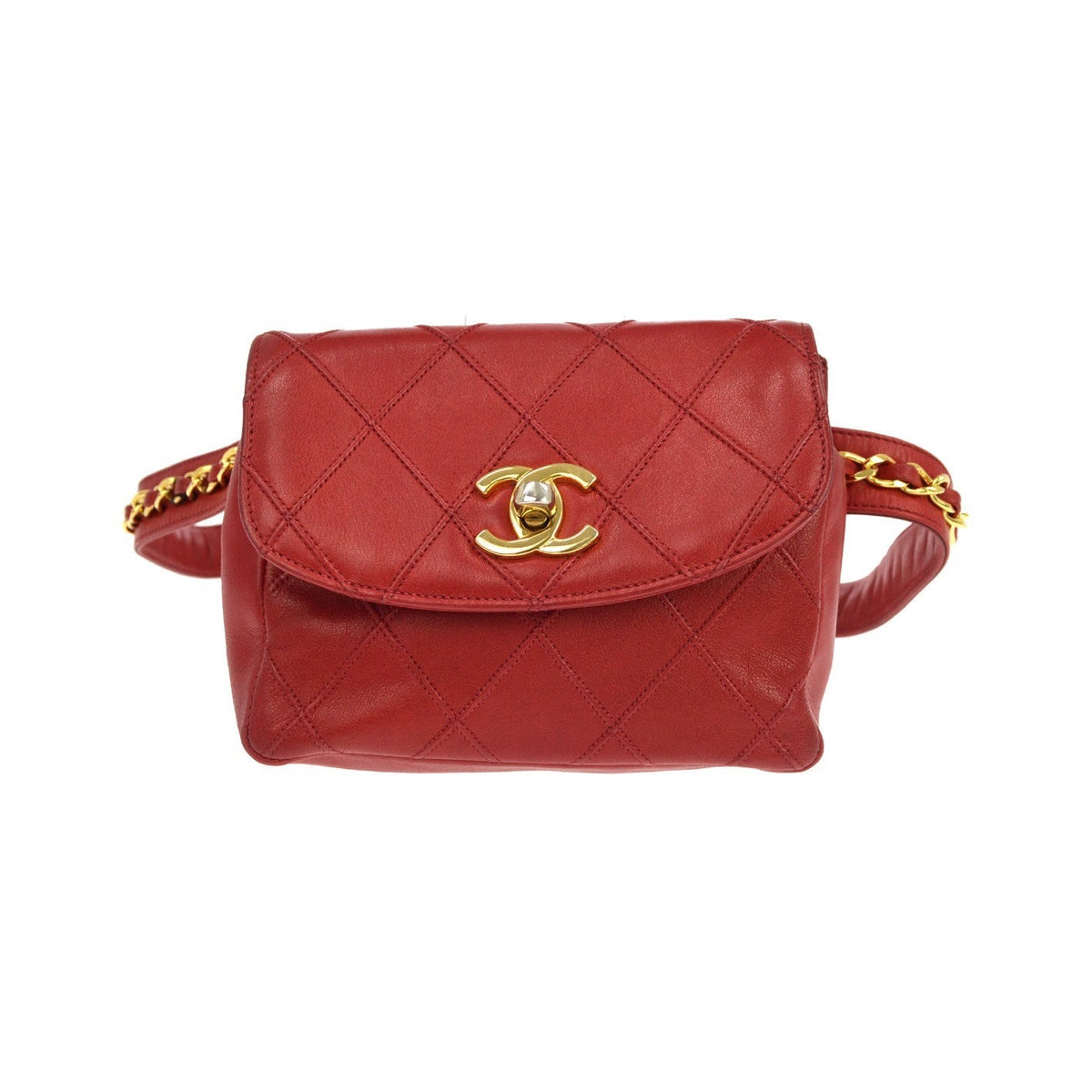 Chanel Chain Infinity Waist Quilted Lambskin, Red, Leather, Handbag