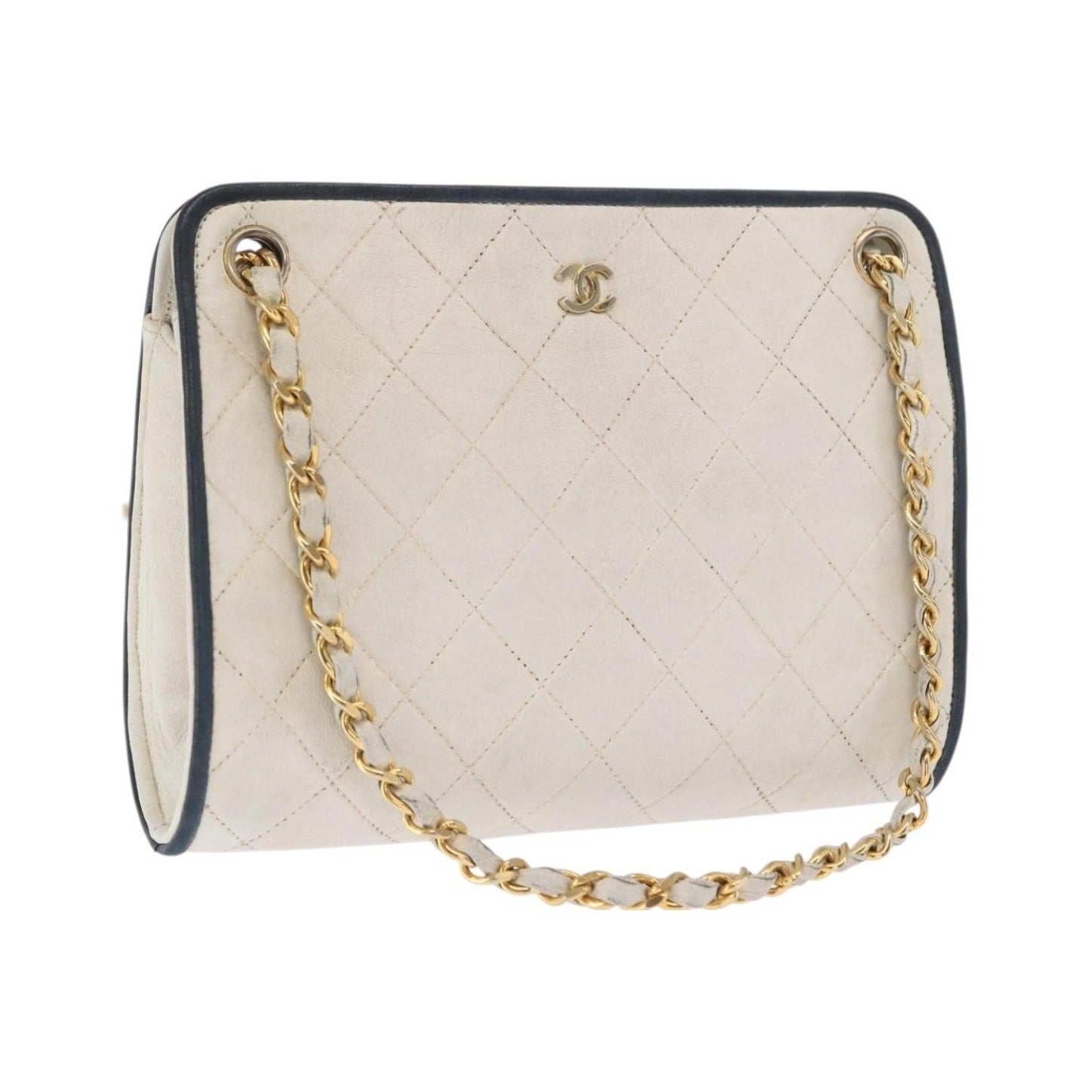 Chanel Chain Leather, White, Leather, Shoulder Bag
