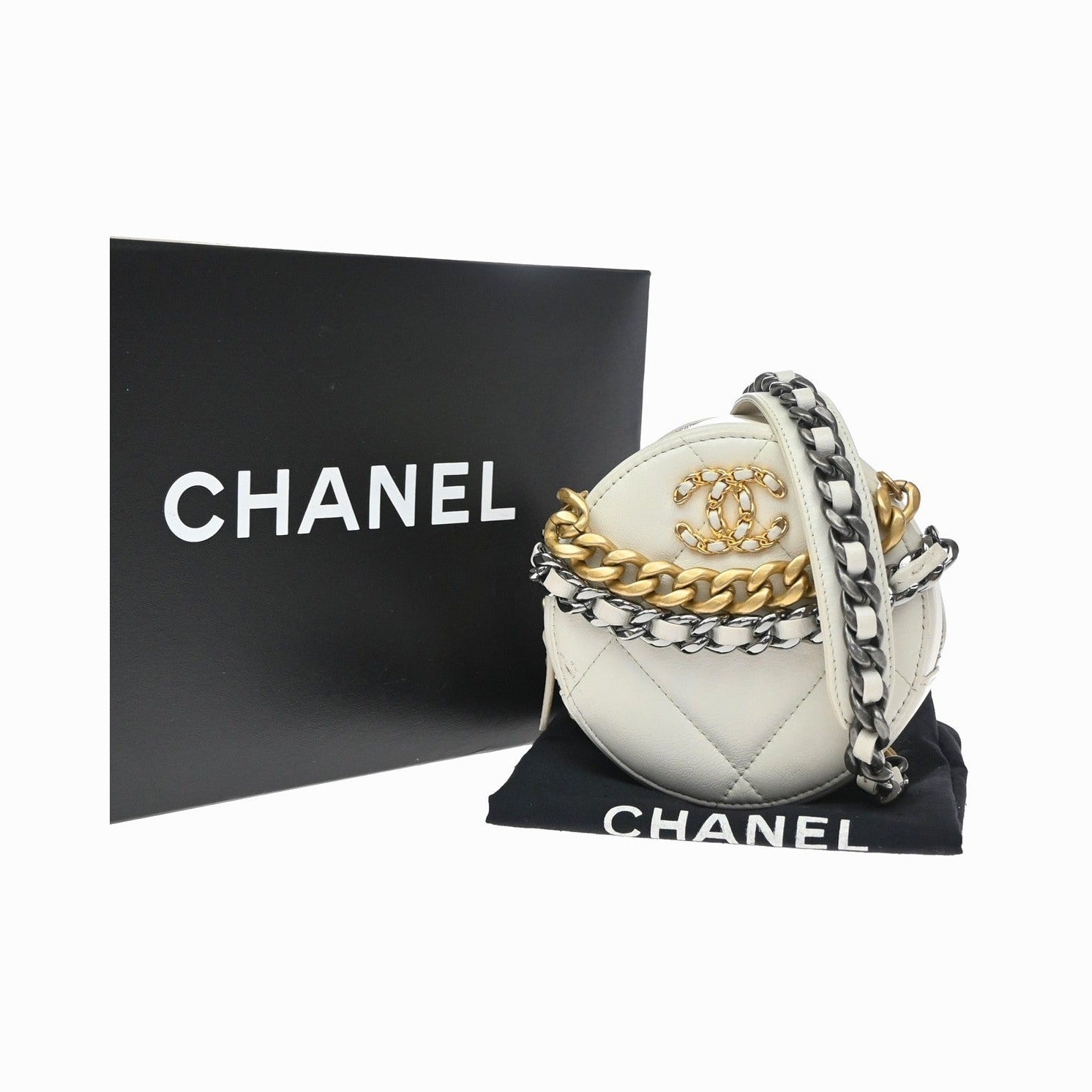 Chanel Chanel 19 Quilted, White, Leather, Clutch