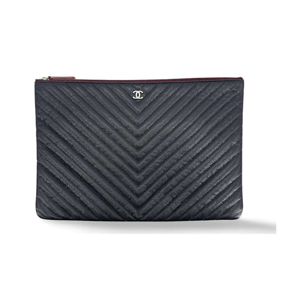 Chanel Charm O Case Chevron Lambskin, Black, Leather, Clutch