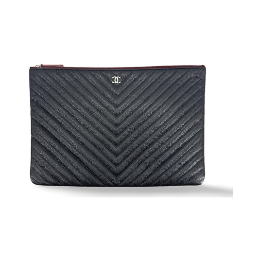 Chanel Charm O Case Chevron Lambskin, Black, Leather, Clutch