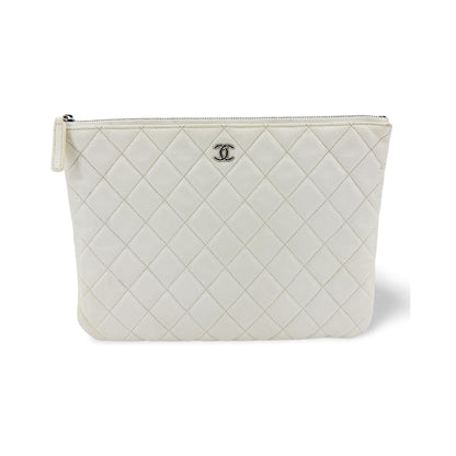 Chanel Classic O Case Quilted Caviar, White, Leather, Clutch