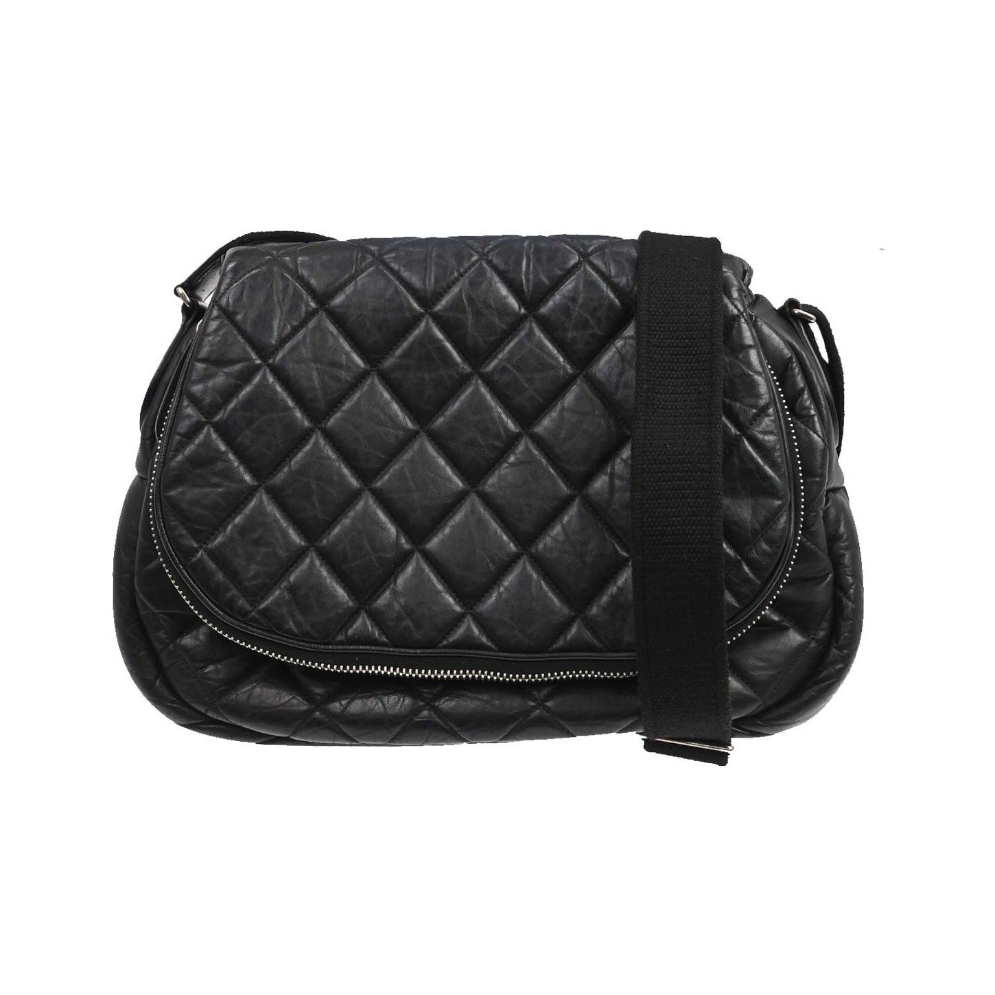 Chanel Expandable Flap Messenger Quilted Aged Calfskin, Black, Leather, Shoulder Bag