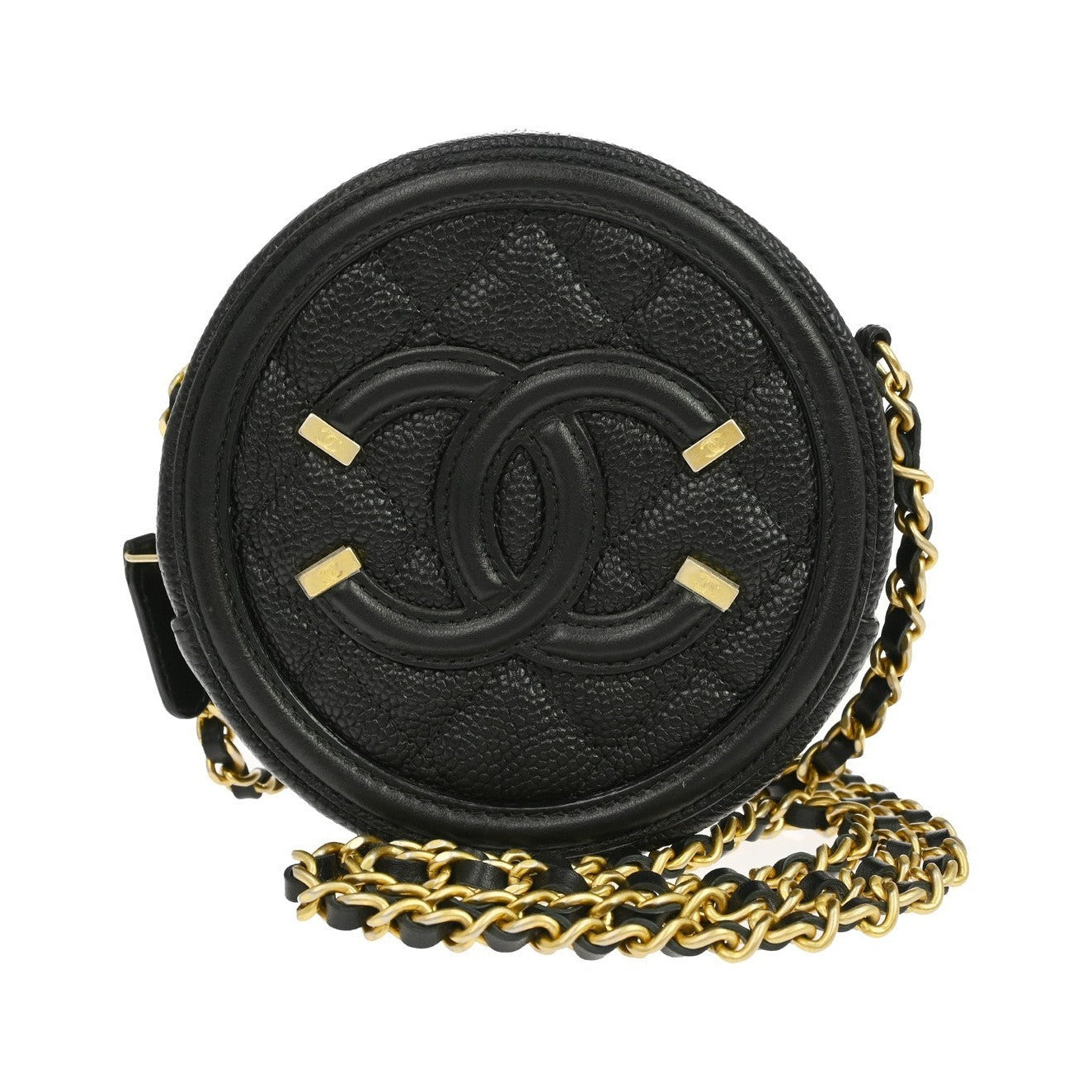 Chanel Filigree Round Clutch with Chain Quilted Caviar, Black, Leather, Shoulder Bag