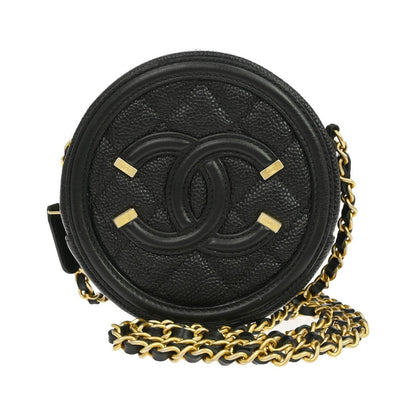 Chanel Filigree Round Clutch with Chain Quilted Caviar, Black, Leather, Shoulder Bag