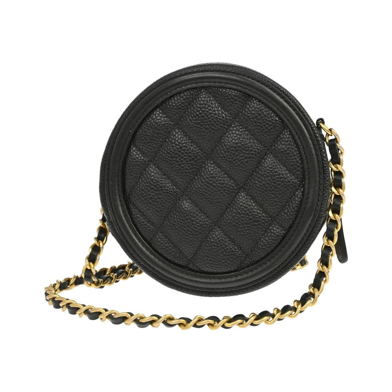Chanel Filigree Round Clutch with Chain Quilted Caviar, Black, Leather, Shoulder Bag