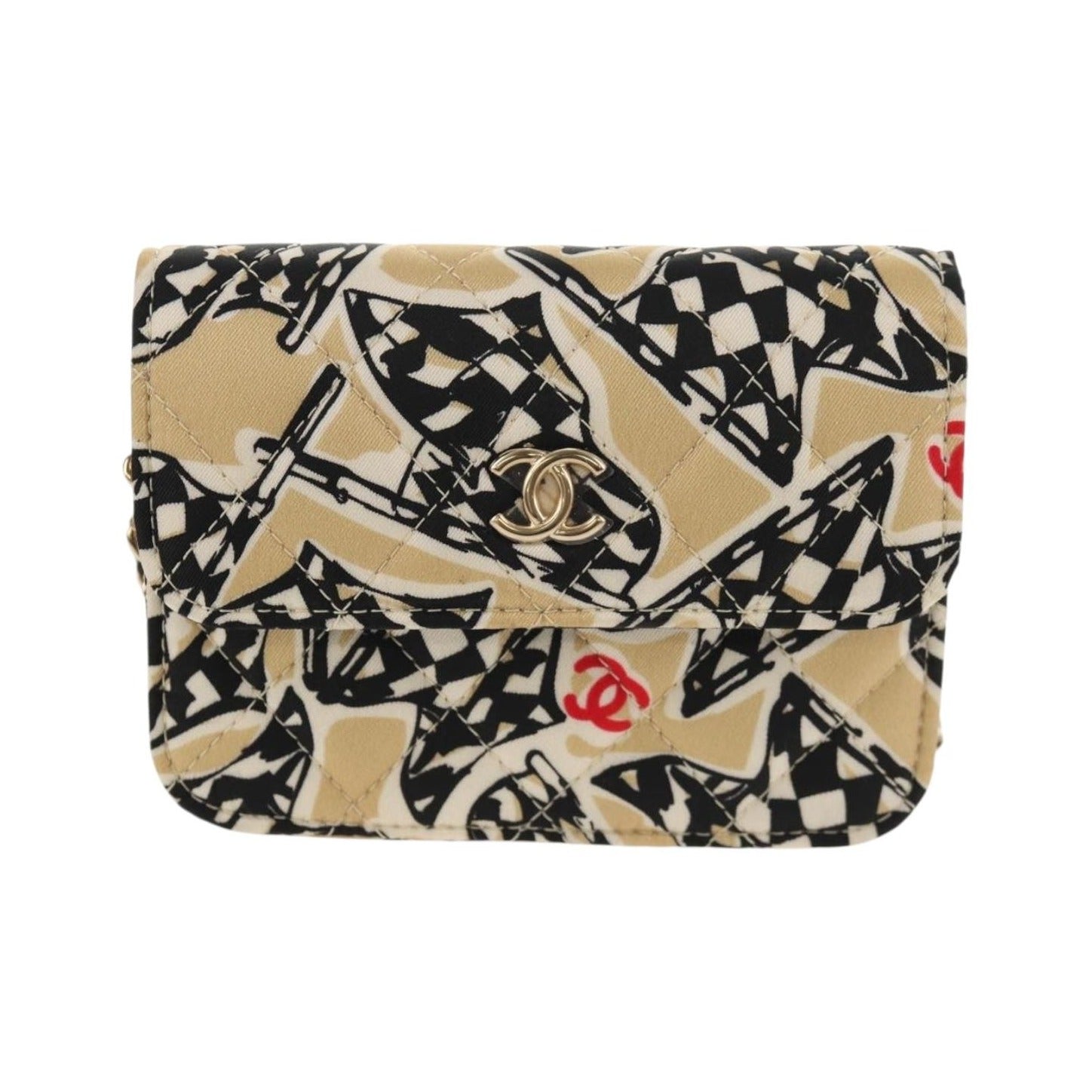 Chanel Flap Card Holder on Chain Quilted Printed Canvas, Beige, Satin, Shoulder Bag