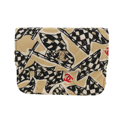 Chanel Flap Card Holder on Chain Quilted Printed Canvas, Beige, Satin, Shoulder Bag