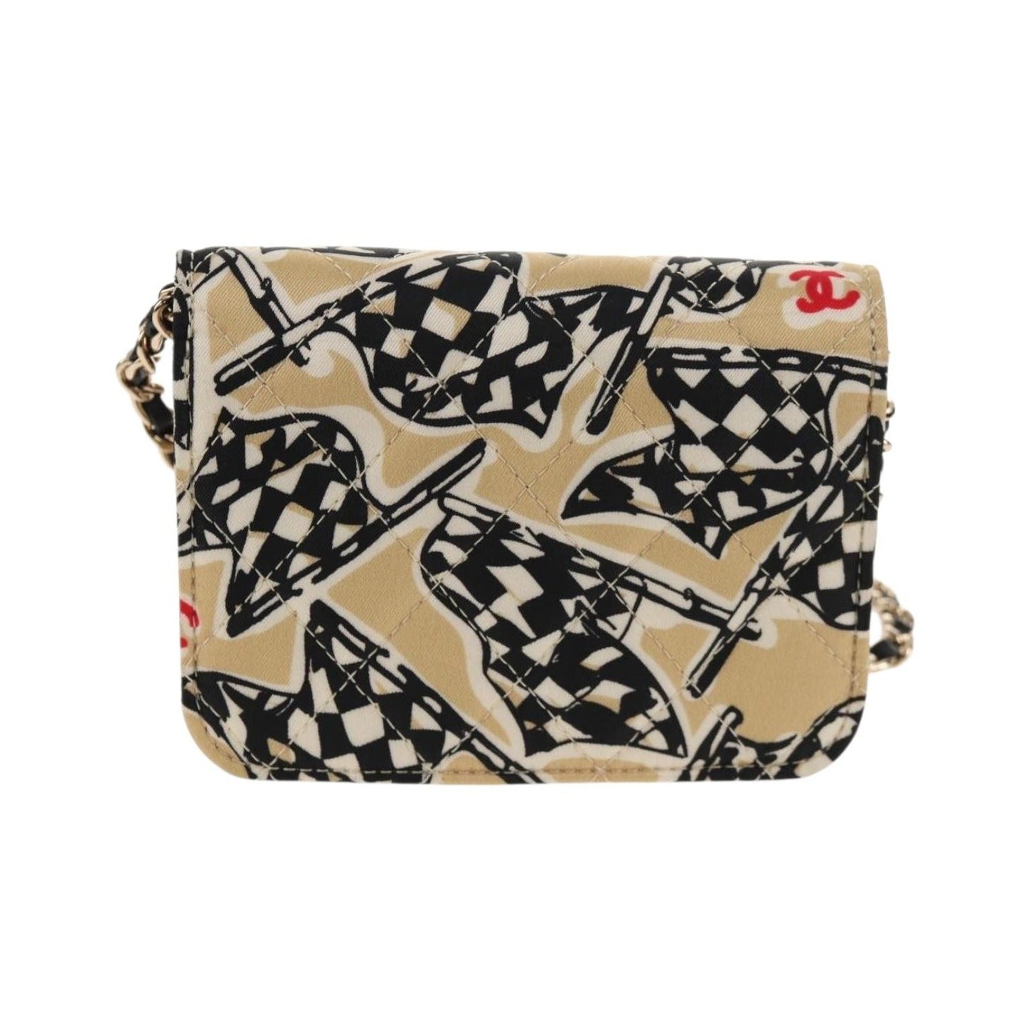 Chanel Flap Card Holder on Chain Quilted Printed Canvas, Beige, Satin, Shoulder Bag