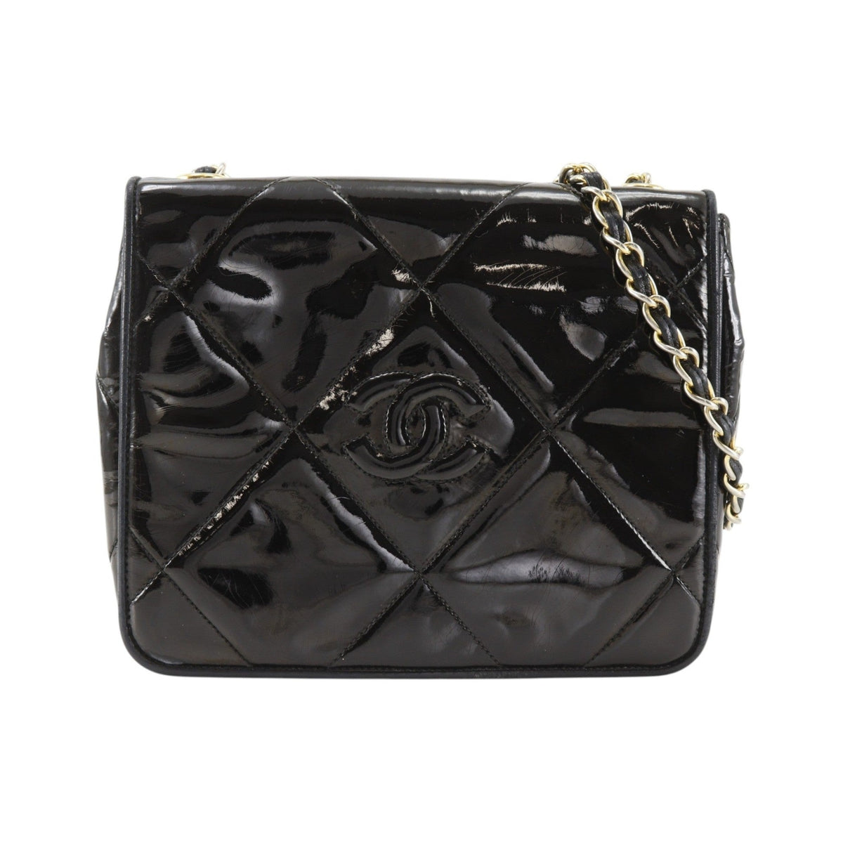Chanel Flap Shoulder Leather, Black, Patent Leather, Shoulder Bag