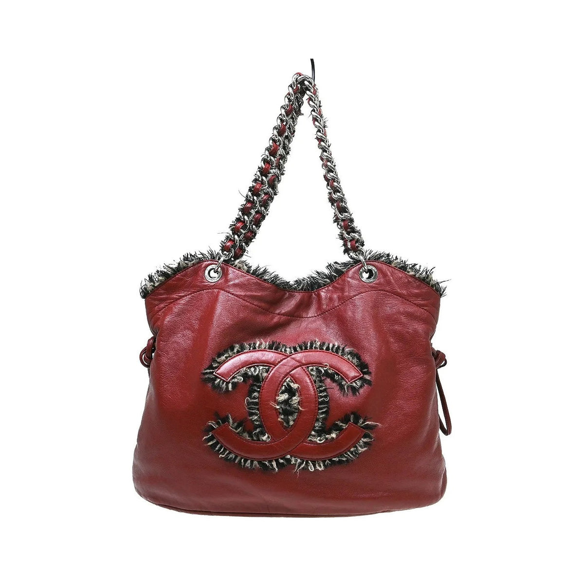 Chanel Funny Tweed Bon Bon Tote Lambskin, Burgundy, Leather, Tote Bag